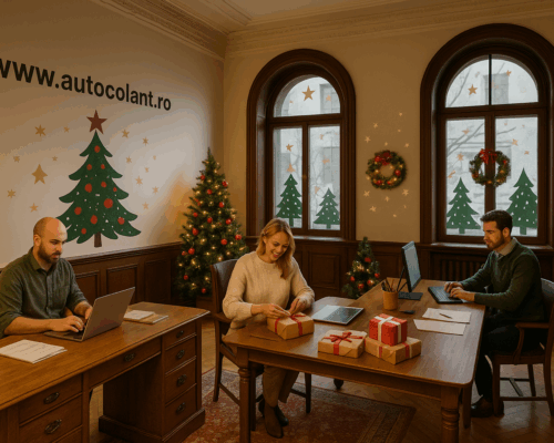 Decorarea biroului cu autocolante tematice de Crăciun: idei rapide și impact vizual