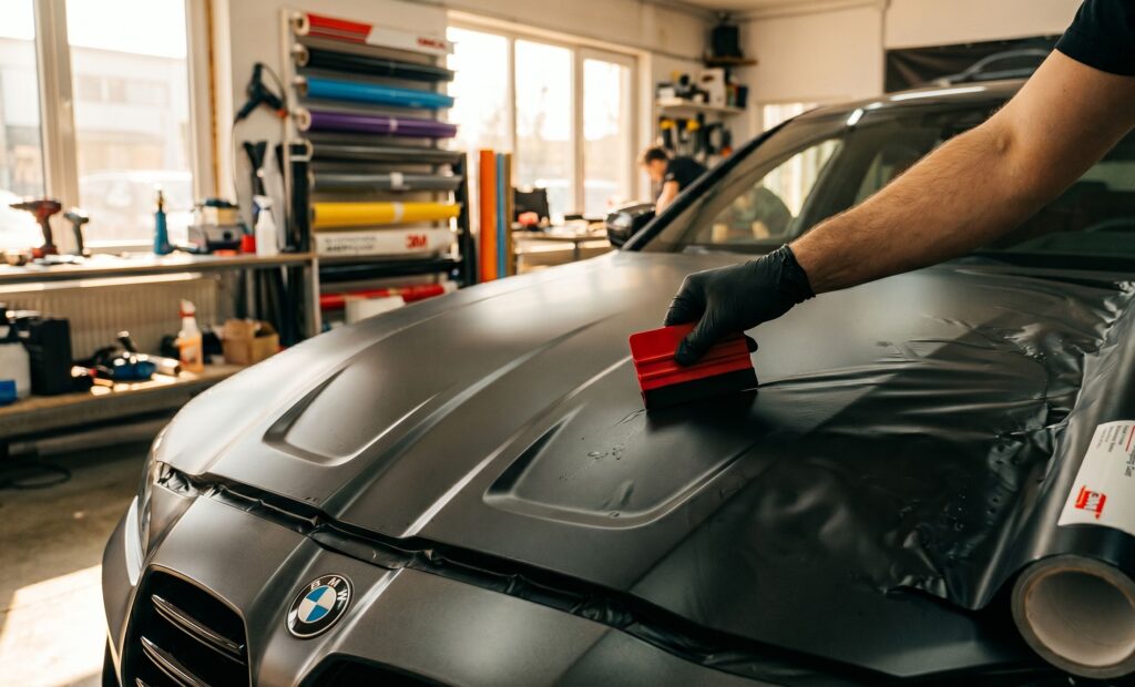 aplicare folie auto Oracal 970RA cu racletă pe capotă, ghid DIY 2026