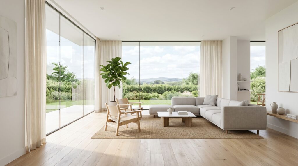 Living cu folie de protecție solară la interior care reduce căldura păstrând lumina naturală