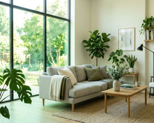 Cameră luminoasă cu folie solară verde SolarScreen Green 80 pe geam și lumină filtrată răcoroasă