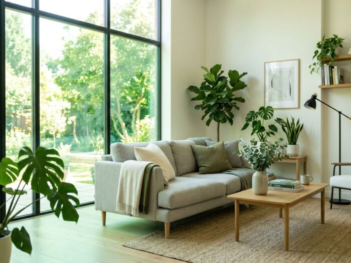 Cameră luminoasă cu folie solară verde SolarScreen Green 80 pe geam și lumină filtrată răcoroasă
