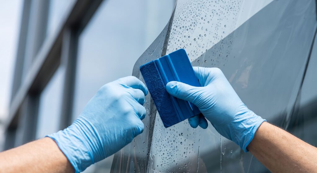 Aplicarea foliei de protecție solară pe geam cu racletă și soluție profesională de montaj