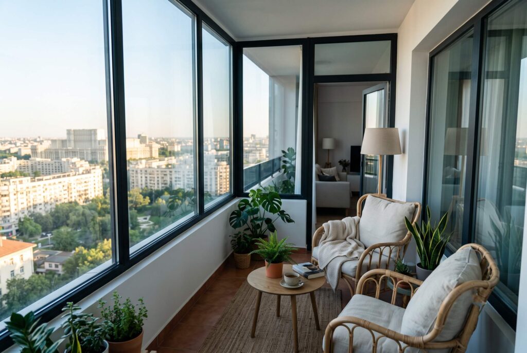 Balcon închis de bloc cu geam termopan protejat cu folie solară montată din interior