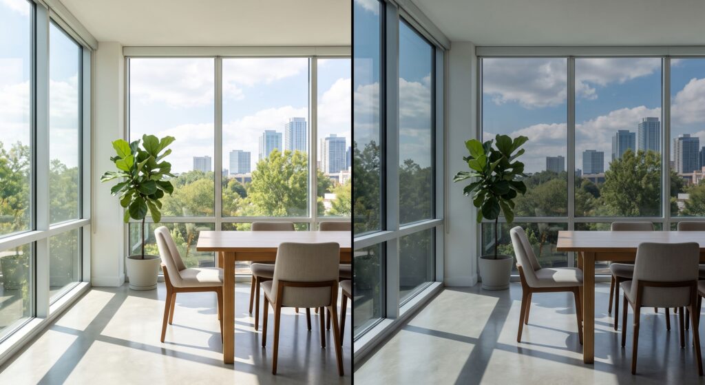 Interior luminat natural printr-un geam cu folie de protecție solară exterior ALU 50 XC