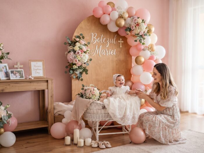 Perete pastel roz pudră realizat cu autocolant ORACAL 638 Wall Art, decor de botez