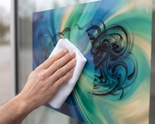 Folie anti graffiti ORAGUARD 372 pe grafica unei vitrine, mâzgălit șters cu cârpă și alcool izopropilic