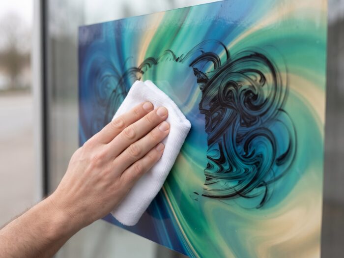 Folie anti graffiti ORAGUARD 372 pe grafica unei vitrine, mâzgălit șters cu cârpă și alcool izopropilic