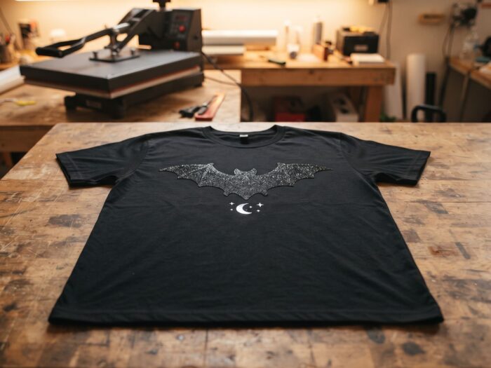 Tricou de Halloween cu folie termotransfer sclipici și accent reflectorizant, presat la cald