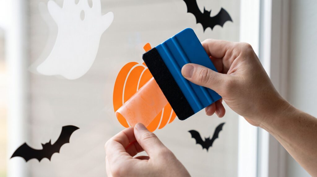 Aplicare uscată a unui sticker Halloween din Oracal 641 portocaliu pe interiorul geamului, cu racleta