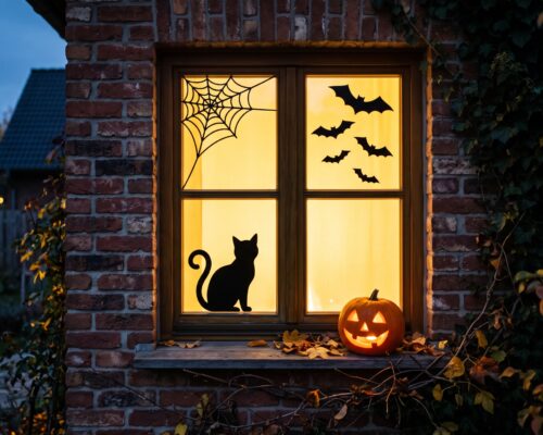 Stickere Halloween pentru geam din Oracal 641 negru - pisică și lilieci pe fereastra luminată seara, văzută din stradă