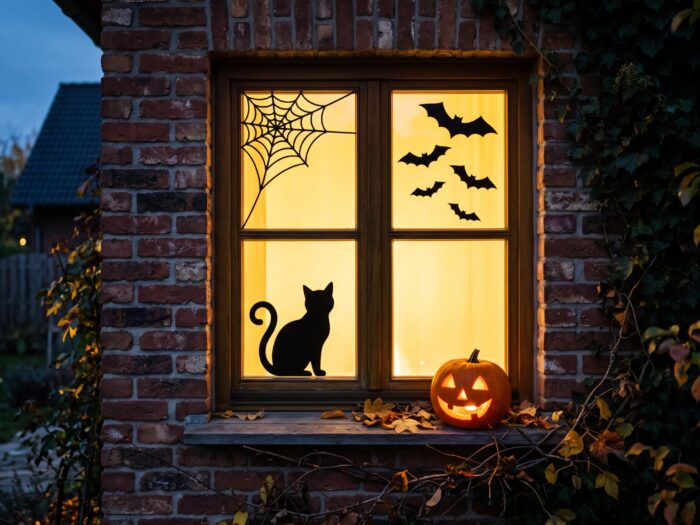 Stickere Halloween pentru geam din Oracal 641 negru - pisică și lilieci pe fereastra luminată seara, văzută din stradă