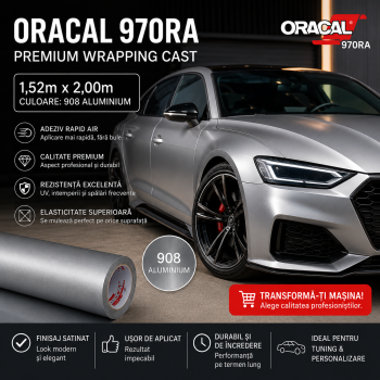 OFERTA - 1.52m x 2.00m Autocolant Tunning Auto Oracal 970RA Premium Wrapping Cast cu Adeziv Rapid Air Culoare 908 Aluminium